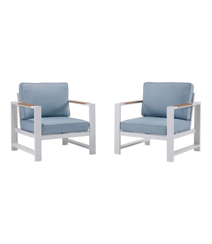 L.L.Bean | White Aluminum Deep Seating Armchair with Blue Cushions, Set of Two
