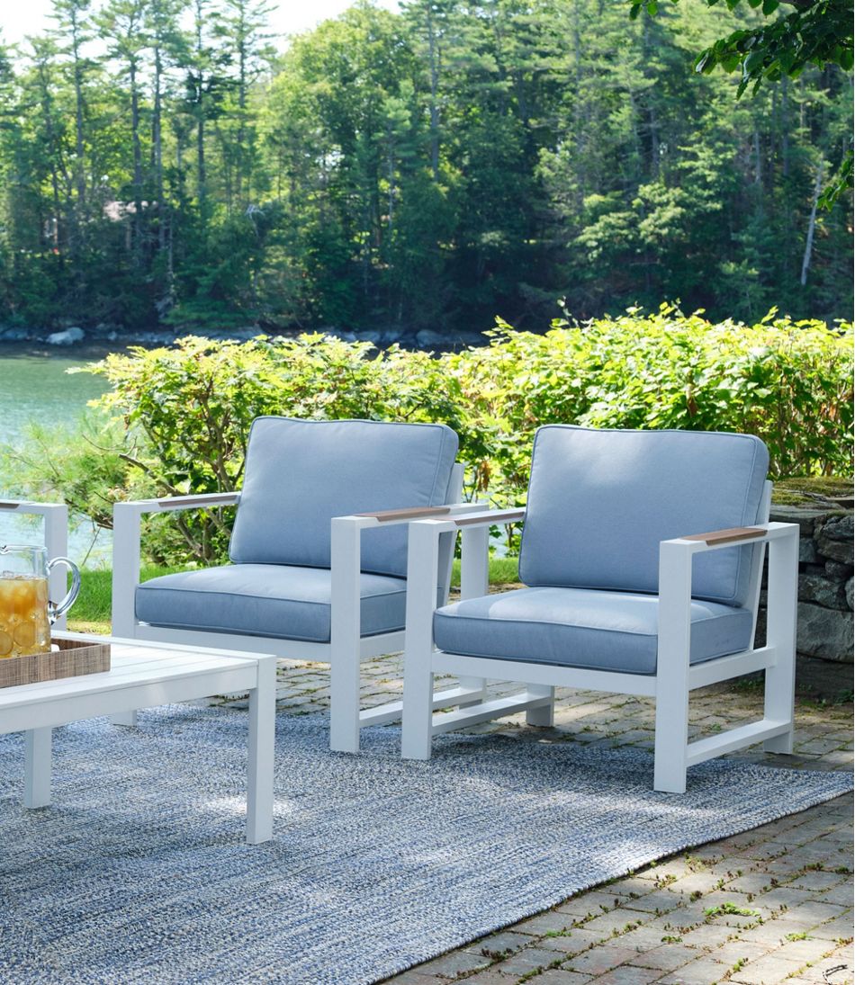 L.L.Bean | White Aluminum Deep Seating Armchair with Blue Cushions, Set of Two