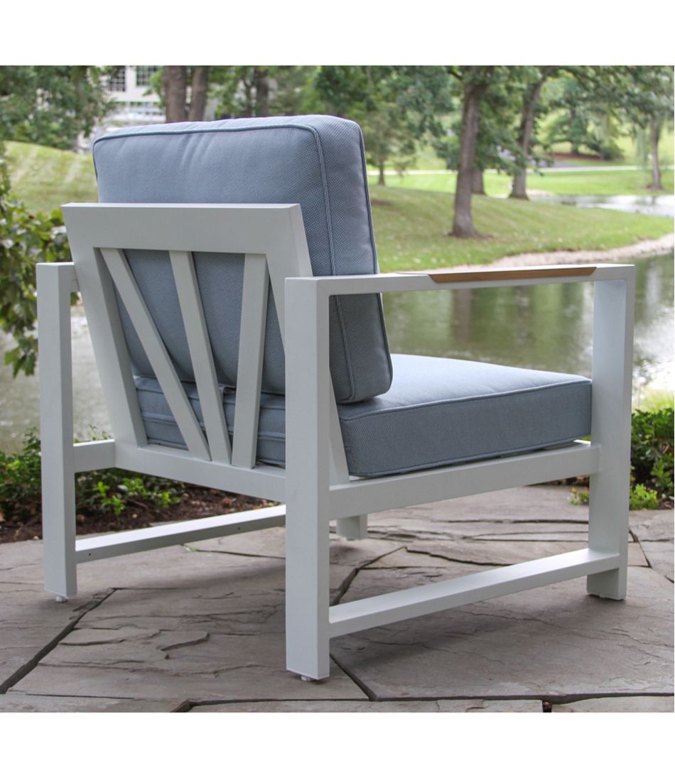 L.L.Bean | White Aluminum Deep Seating Armchair with Blue Cushions, Set of Two