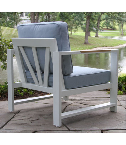 L.L.Bean | White Aluminum Deep Seating Armchair with Blue Cushions, Set of Two