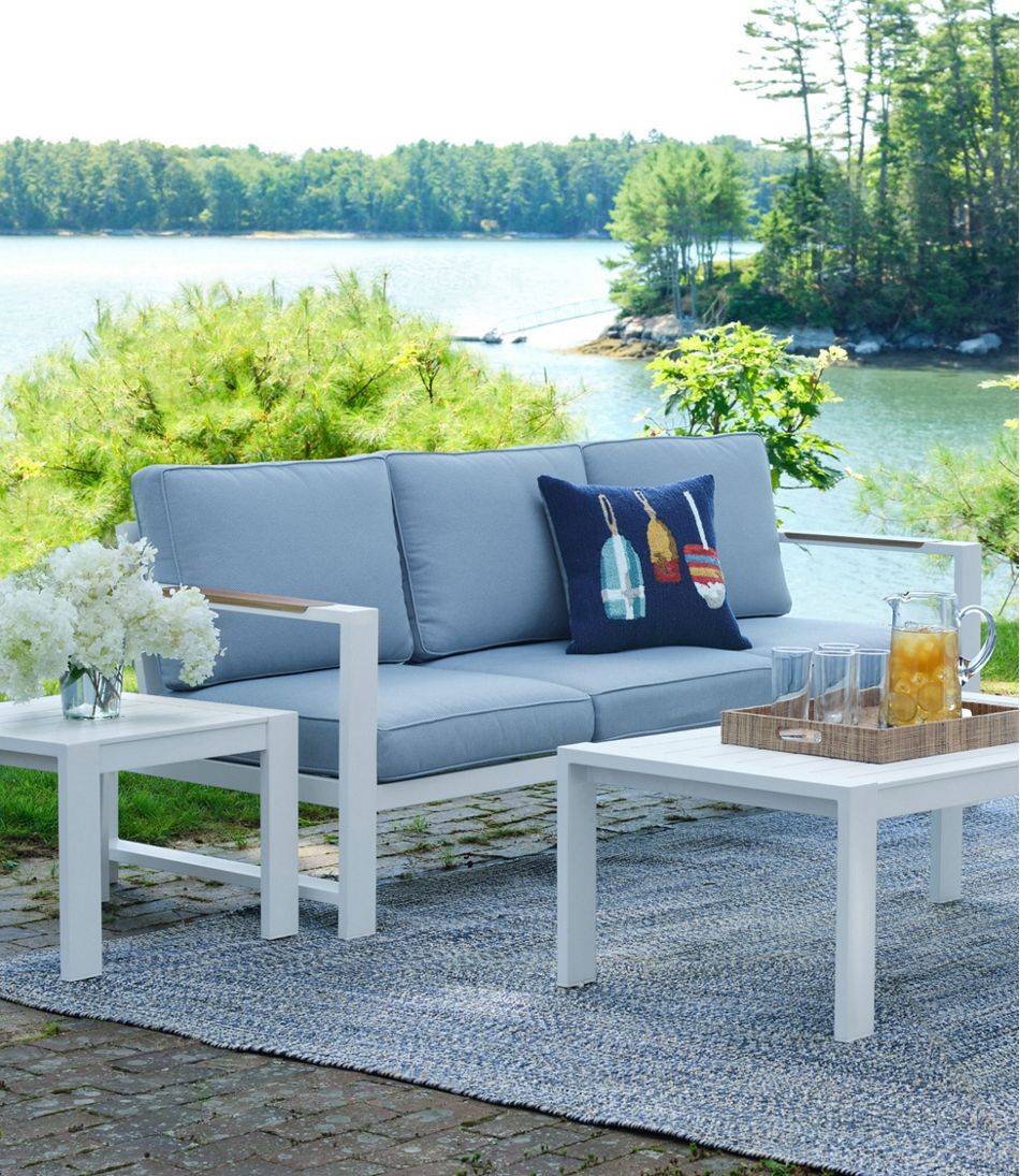 L.L.Bean | White Aluminum Deep Seating Sofa with Blue Cushions