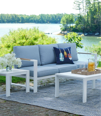 L.L.Bean | White Aluminum Deep Seating Sofa with Blue Cushions